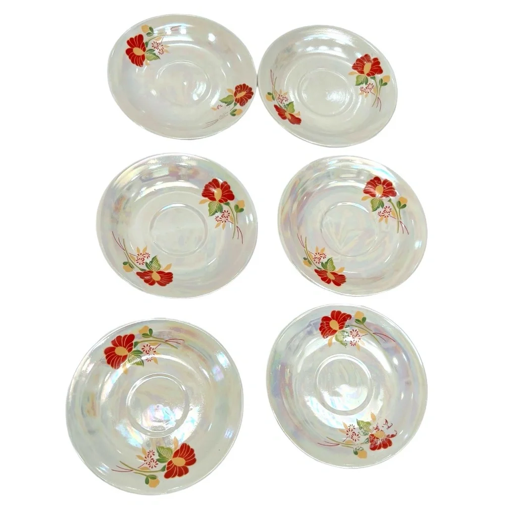 VINTAGE WAHBEH OF CHINA RED FLORAL LUSTERWARE CUPS & SAUCERS - SET OF 6